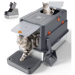 FURTIME Stainless Steel Litter Box with Lid, Large Enclosed Cat Litter Box for Big Cats, Metal Cat Box with High Sided Enclosure & Scoop, Front & Top 