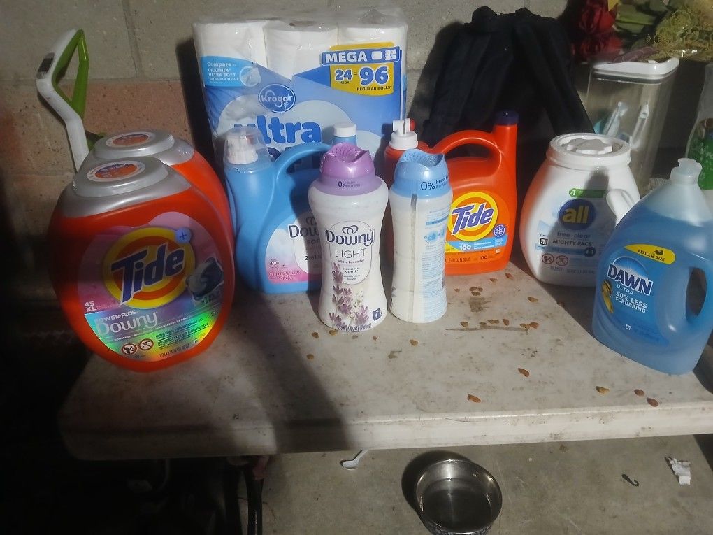 2 Tide Pods 2 Downey Boosters 1 Dish Detergent Dawn 1 Downey Softand Fresh Softner 1 All Pods 1 Tide Liquid1 Toilet Paper