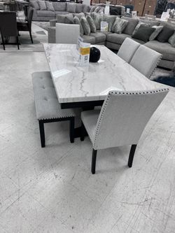 Table, 4 Chairs and Bench