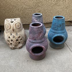 Set Lot Of 4 Outdoor Candle Light Clay Lanterns Chimney  Owl