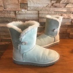 UGG Size 8 Bailey Button Bling Swarovski Crystals Blue Boots