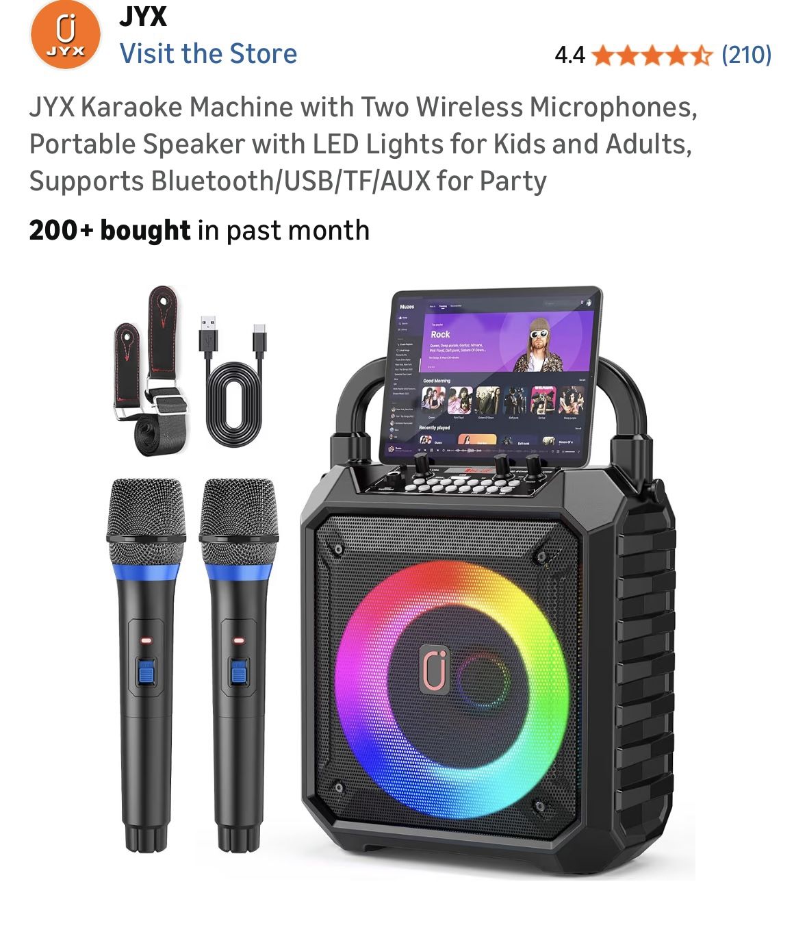 JYX Karaoke Machine with Two Wireless Microphones, Portable Speaker with LED Lights for Kids and Adults, Supports Bluetooth/USB/TF/AUX for Party