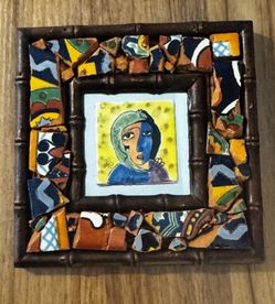 MCM Picasso Style Handpainted Ceramic Tile Framed With Mosaic Mexican Tile