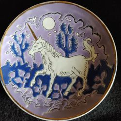 Unicorn Plate Small Art Glass Purple Ceramic Fantasy Animal Magic Wall Desk Decor Collectors