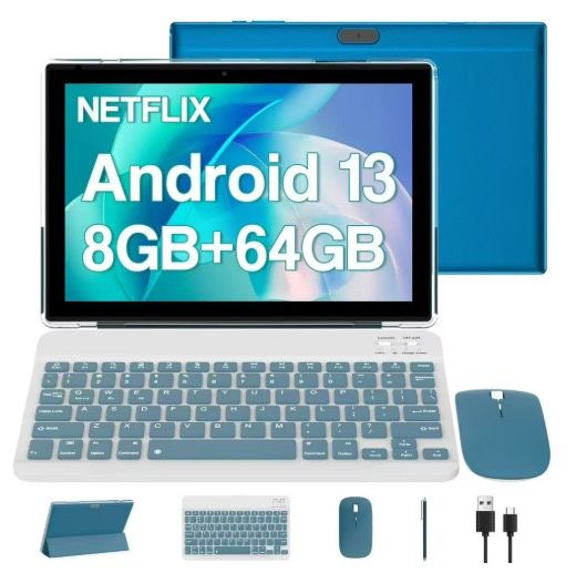 2024 Newest Android 13 Tablet, 10.1 Inch 2 in 1 8GB RAM+64GB ROM Tablet with Keyboard Case Mouse Stylus Screen Flim, 2.0GHz Quad-Core Processor, 8MP D