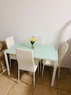 Modern White Dining Table Set with Glass Top & 4 Faux Leather Chair