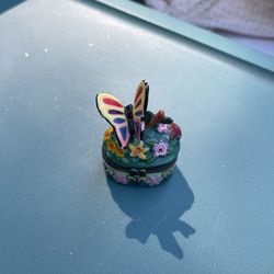 Hand-Painted Butterfly & Floral Hinged Trinket Box with Inner Bee
