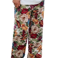 L size Men's Printed Floral Embroidery Drawstring Belt Straight Leg Pants Trendy Retro Fashion Streetwear Slant Pocket Trousers