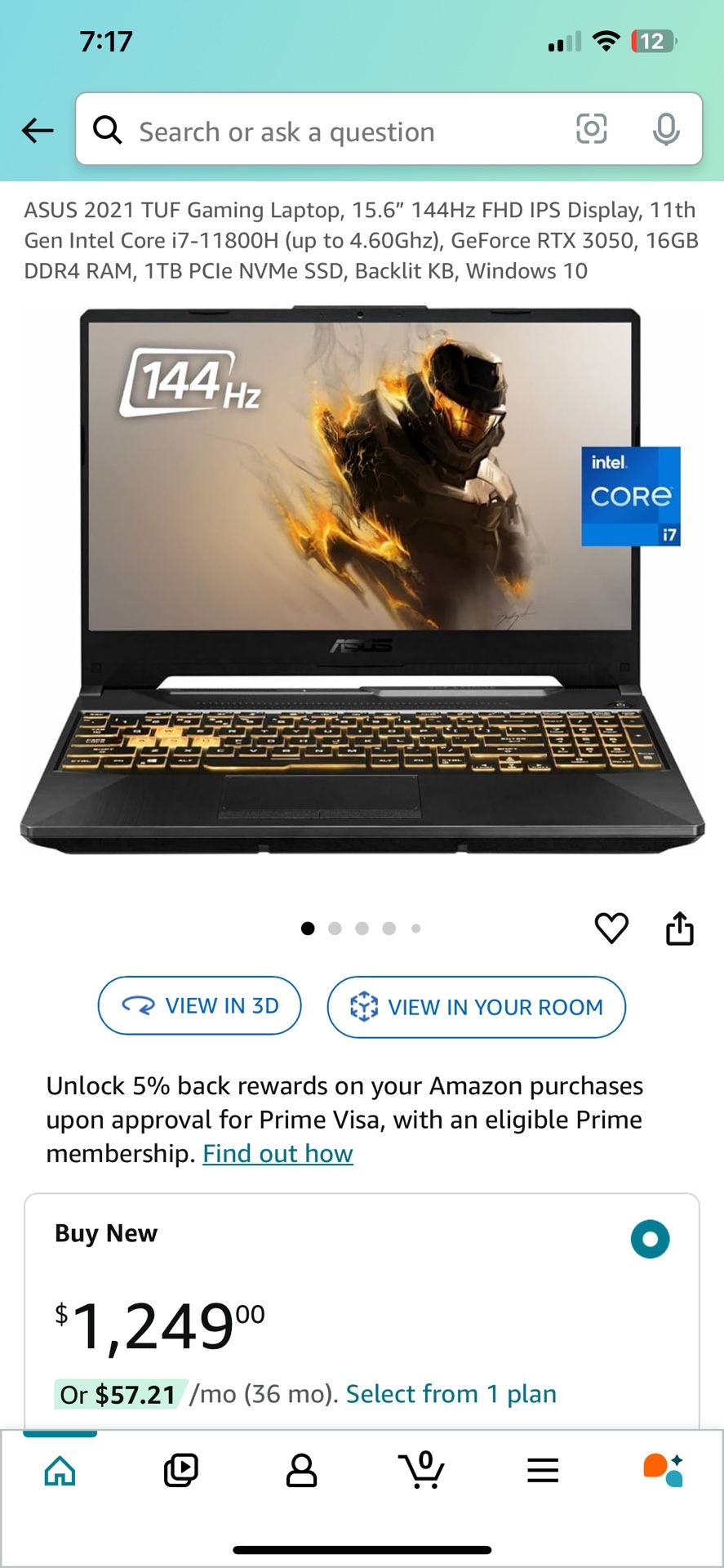 ASUS 2021 TUF Gaming Laptop, 15.6" 144Hz FHD IPS Display, 11th Gen Intel Core i7-11800H (up to 4.60Ghz), GeForce RTX 3050, 16GB DDR4 RAM, 1TB PCle NVM