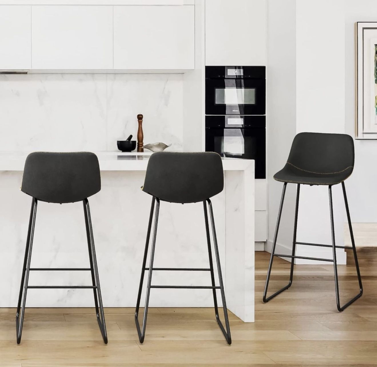 Bar Stools Set of 3, 30" ALX Faux Leather Barstools. Black