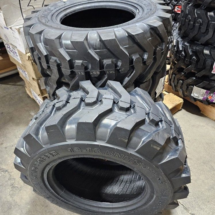 New 2 TIRE 12-16.5 Tires Bobcat Tractor Skid Steer Skip loader Rim Guard Llantas Nuevas 12.16.5