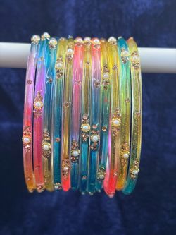 Multicolor Glass Bangles Set with Pearl Accents