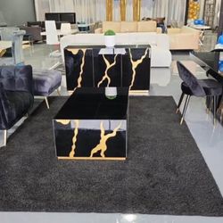 2 PIECE BUFFET COFFEE TABLE GLOSSY TEMPERED GLASS TOP SHINY BLACK AND GOLD