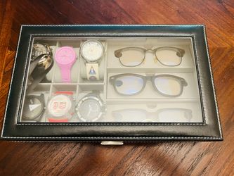 Black Leather Watch & Glasses Organizer Box with watches and vanity glasses!!! Great deal!