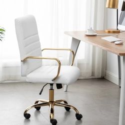 White Leather Desk Office Vanity Makeup Chair Gold Base New Leather Modern Chair