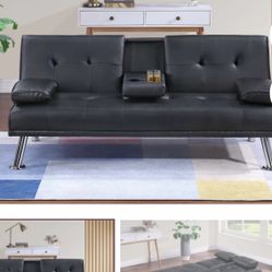 Convertible SOFA W/FOLD- DOWN TABLE  66"x 31"x29"H (Up) 66"x 37"x16"H (FLat) Black Faux leather or brown  Black linen like Fabric 