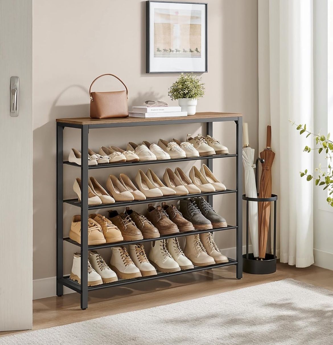 Shoe Rack, Shoe Storage Organiser with 4 Mesh Shelves and Large Surface for Bags, Shoe Shelf for Entryway, Hallway, Closet, Steel Frame, Industrial, H