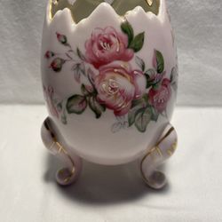 Vintage Napcoware Pink Floral Cracked Egg Vase Handpainted Enamel