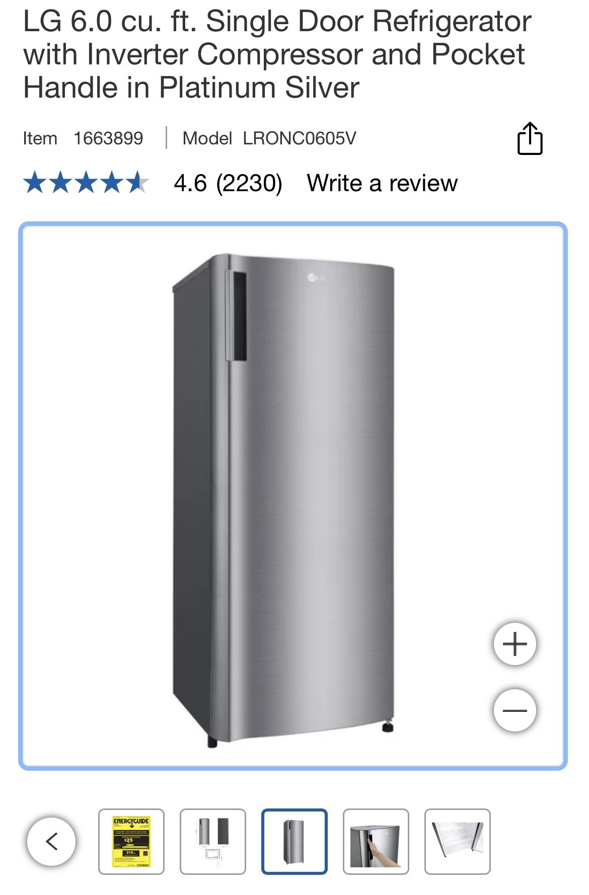 LG 6.0 cu. ft. Single Door Refrigerator with Inverter Compressor and Pocket Handle in Platinum Silver