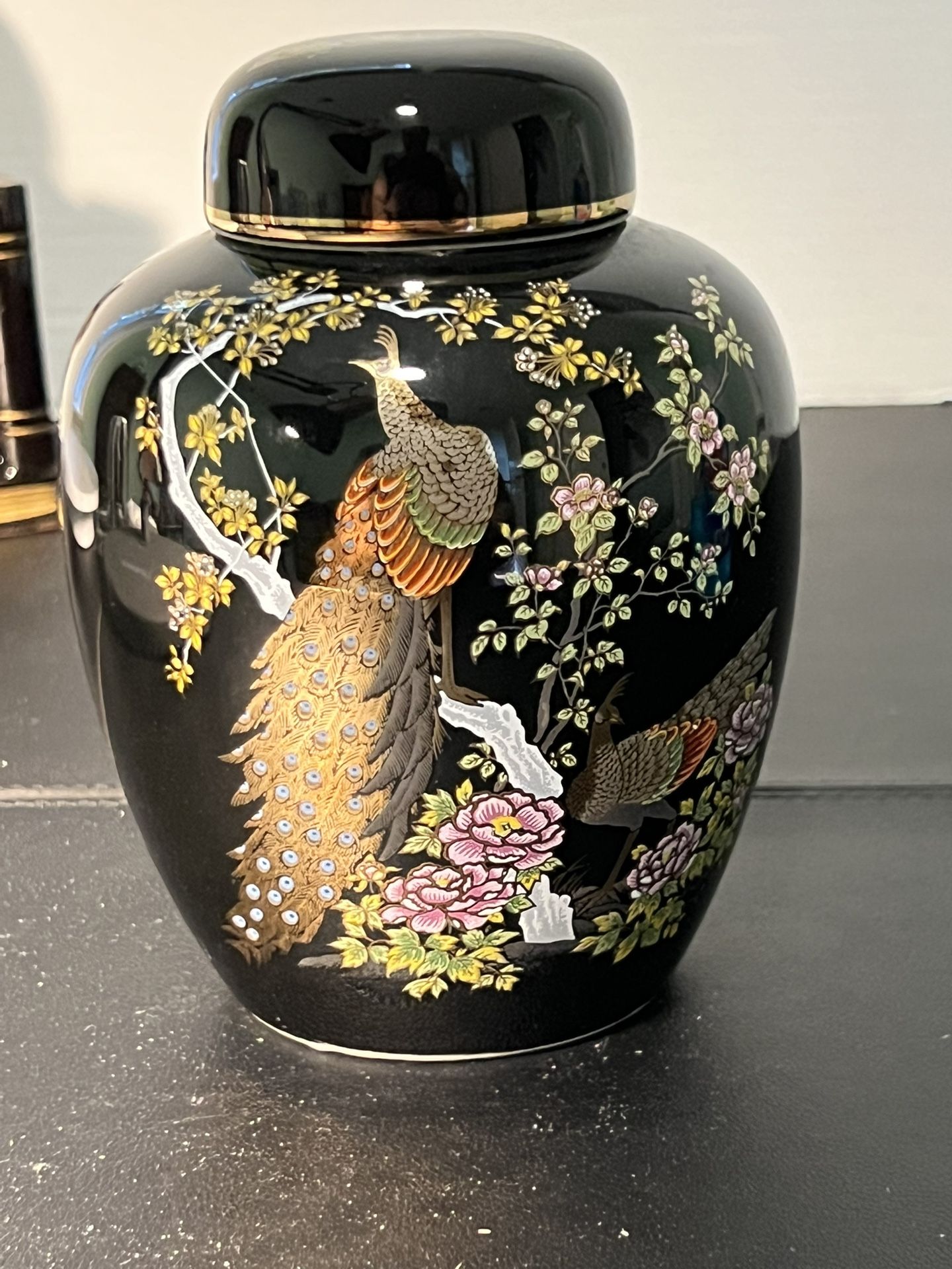 Heisei Japan 1990s Satsuma Ware Black Gold Peacocks Cherry Blossoms Ginger Jar