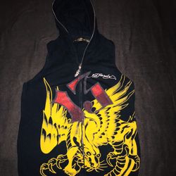 Women’s Ed Hardy By Christian Audigier + Don Ed Hardy Designs Black Sleeveless Full-Zip With Hoodie Sweater Vest In Size Large