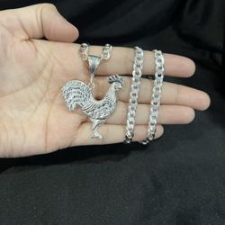 925 Sterling Silver Men Big Rooster Chicken Gallo Medal & Curb Chain
