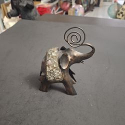 Vintage Bronze Metal Elephant Figurine W/Decorative Glass Mosaic Inlay W/Coil Wire Trunk To Hold Photos Or Notes 4.5"H X 3.5"L