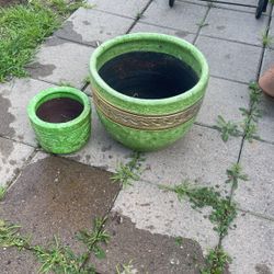 Green And Gold Painted Terracotta Flower Pots 