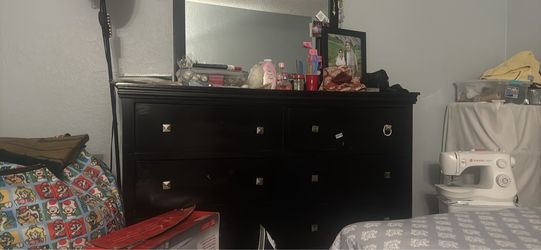 Black Dresser with Mirror and Stud Hardware