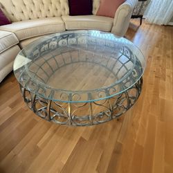 Round Vintage Metal and Glass Coffee Table 