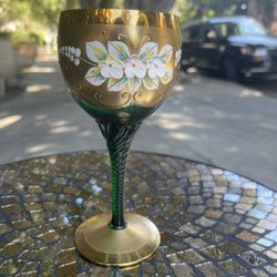 Set Of Vintage Green And Gold Wine Glasses 