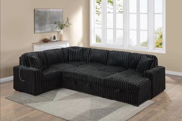 Brand New Black Corduroy Sectional Sofa Storage Sleeper