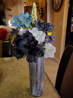 Hand painted acrylic pour vase with black, white, gray