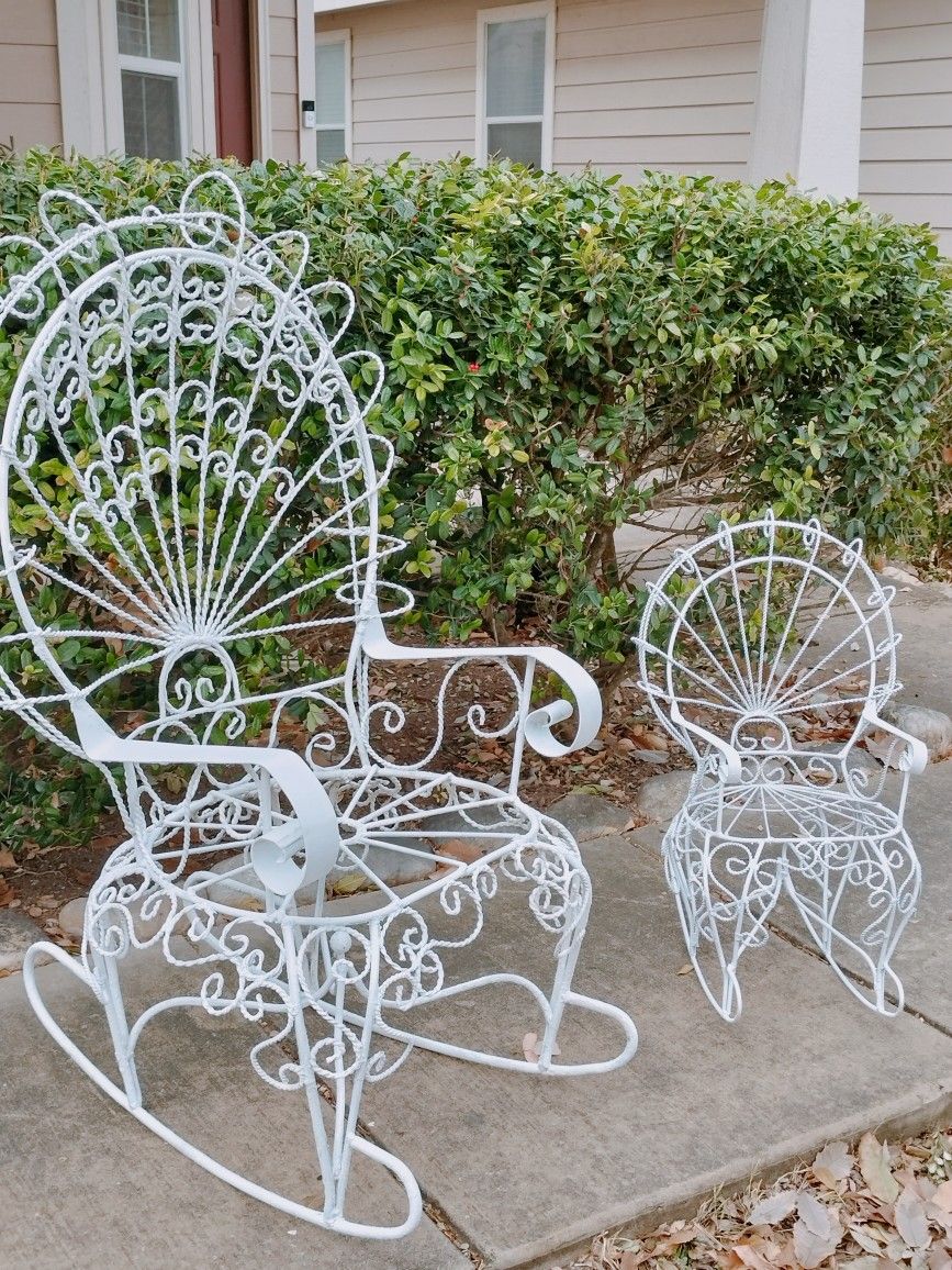 Vintage Iron Peacock Adult And Child's Rocking Chairs