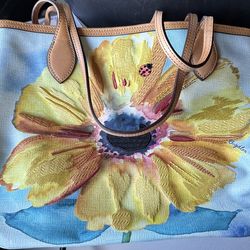 BRIGHTON BELLE JARDIN FLORAL LEATHER COATED CANVAS EMBROIDERED SHOULDERBAG