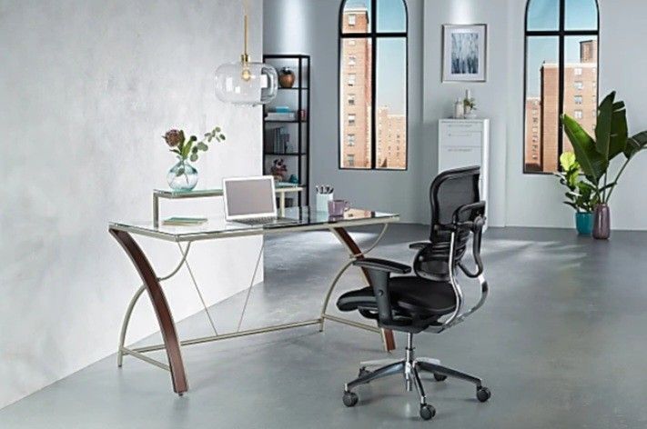 Realspace® Axley 55”W Glass Computer Desk, Cherry/Silver