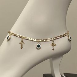 14k Gold Filled Protection Crosses And Eyes Charms Anklet Best Quality Guarantee ‼️