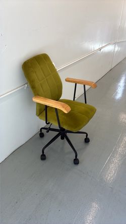 Green Velvet Office Chair with Wood Armrests