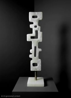 22.5"×5" Abstract geometric totem sculpture. This style draws inspiration from mid-century modern and brutalist design aesthetics, characterized by a