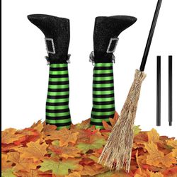 Halloween Witch Legs Yard Stakes 13.4 Inches Upside Down Lighted Green Black