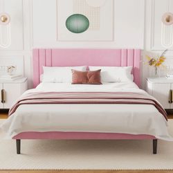 Base de cama Queen con plataforma tapizada con cabecero y listones de madera fuertes,