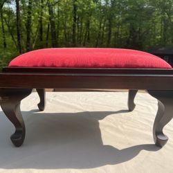 ELEGANT WOOD RED FABRIC FOOT STOOL