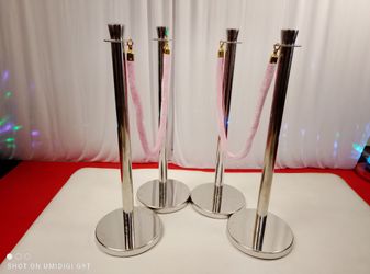 Four silver medal stanchions with pink ropes