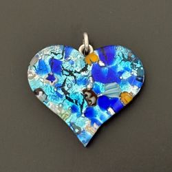 Murano Glass Foiled Heart Pendant, Aqua & Cobalt Blue Abstract Design