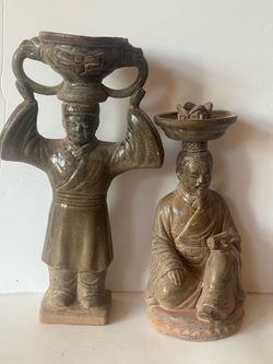 Chinese Glazed Ceramic Figure Candleholders Set of 2