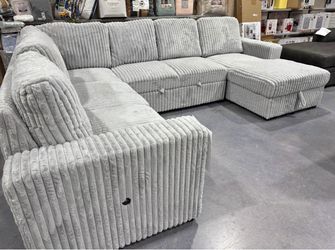 Large Gray Corduroy Sectional Sofa Bed with Chaise