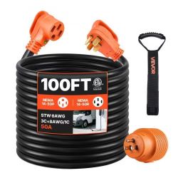 562^100 FT RV Extension Cord, 50 Amp, 125V 7500W Heavy Duty STW 6/3 + 8/1 Gauge Wire, NEMA 14-50P Male NEMA 14-50R Female Plug, with LED Indicator, Ha