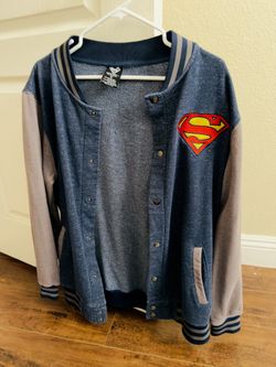 Men’s Superman DC Comic Varsity Jacket Size Medium Faded Blue Snap Up