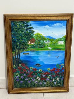 Framed Original Landscape Painting Signed Sonia
