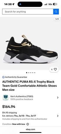 AUTHENTIC PUMA RS-X Trophy Black Team Gold, Men Size. 8.5